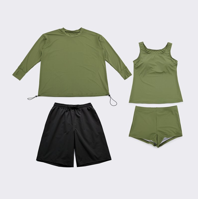 画像38: トップスとショーツとカバーアップロングTと布帛パンツ４点セット水着 タンキニ水着 レディース 体型カバー 長袖シャツ ラッシュガード ハーフパンツ 4点セットビキニ (38)