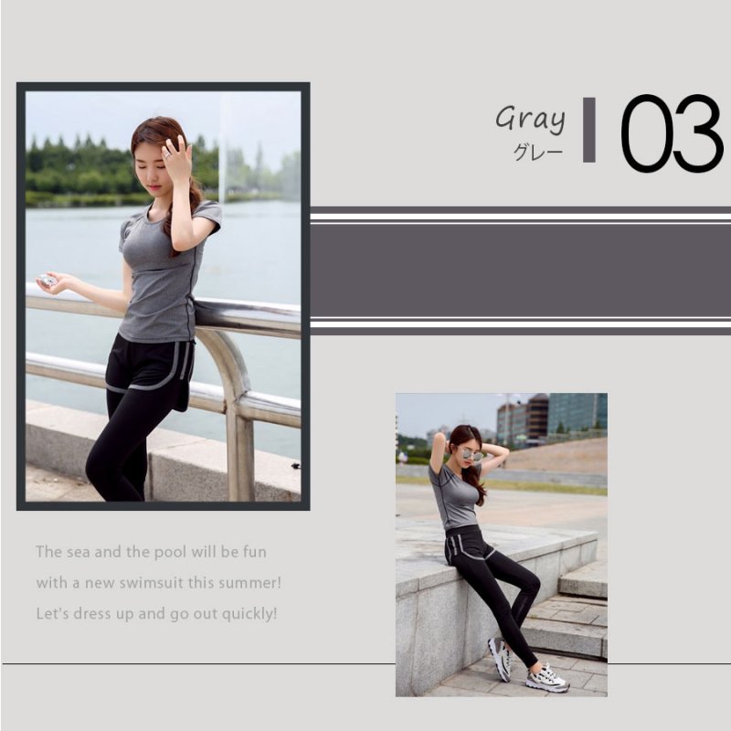 画像8: ヨガスポーツウェア セット　ヨガ2点セット ヨガウェア 上下セット レディース 体型カバー 半袖 Tシャツ ハイウエスト ヨガパンツ レギンス ピラティス トレーニング ジム スポーツウェア 吸汗速乾 (8)