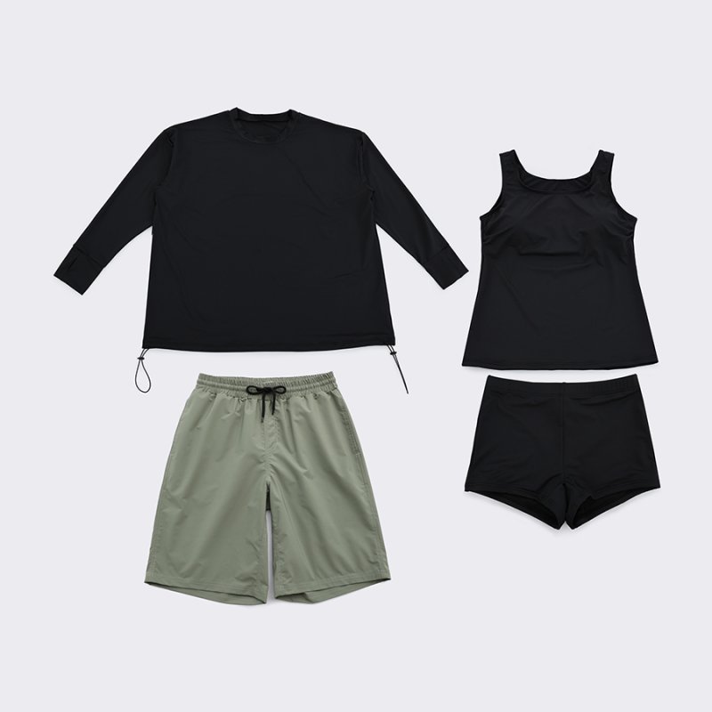 画像12: トップスとショーツとカバーアップロングTと布帛パンツ４点セット水着 タンキニ水着 レディース 体型カバー 長袖シャツ ラッシュガード ハーフパンツ 4点セットビキニ (12)