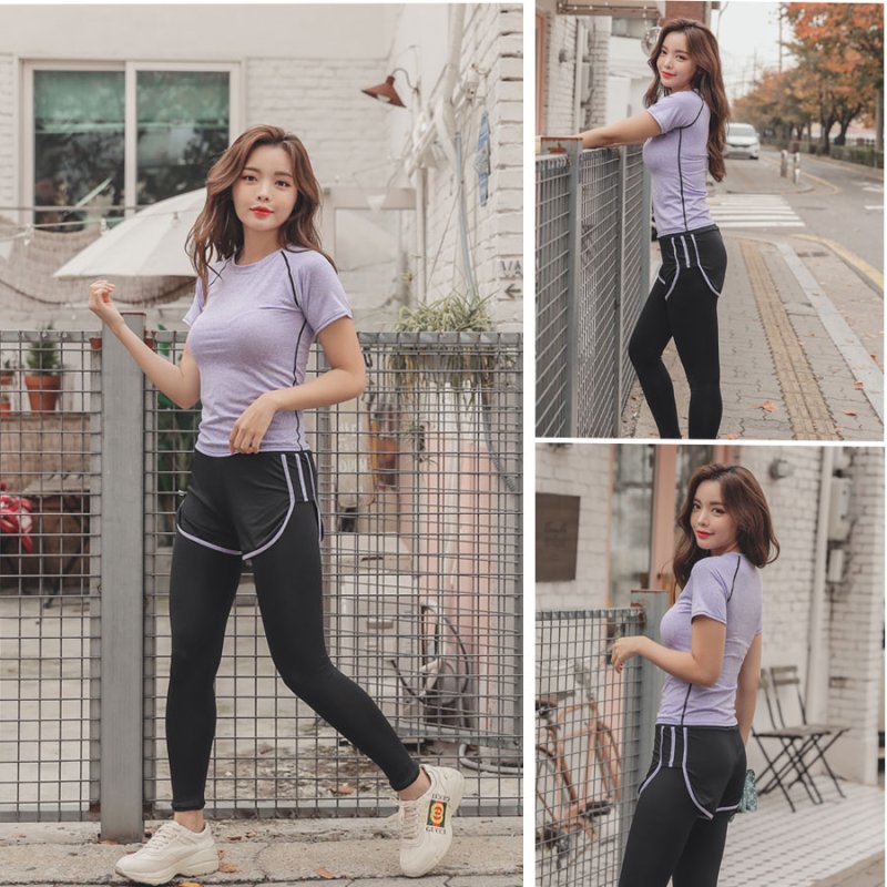 画像10: ヨガスポーツウェア セット　ヨガ2点セット ヨガウェア 上下セット レディース 体型カバー 半袖 Tシャツ ハイウエスト ヨガパンツ レギンス ピラティス トレーニング ジム スポーツウェア 吸汗速乾 (10)