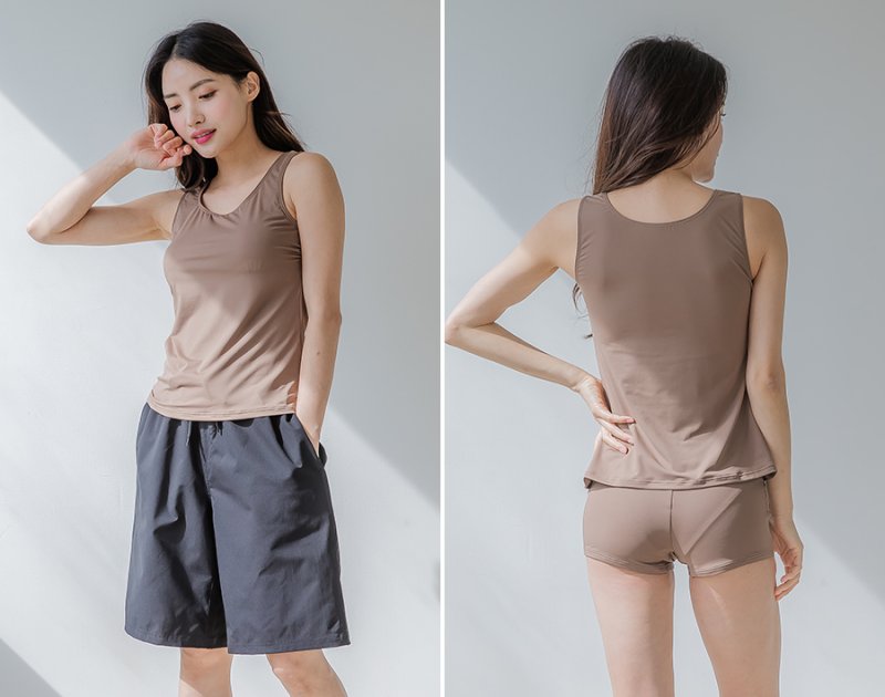 画像33: トップスとショーツとカバーアップロングTと布帛パンツ４点セット水着 タンキニ水着 レディース 体型カバー 長袖シャツ ラッシュガード ハーフパンツ 4点セットビキニ (33)