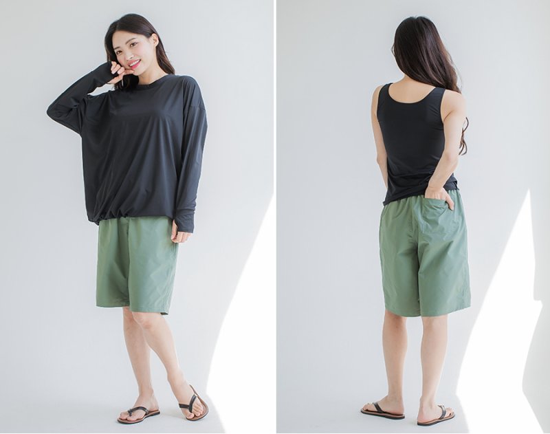 画像15: トップスとショーツとカバーアップロングTと布帛パンツ４点セット水着 タンキニ水着 レディース 体型カバー 長袖シャツ ラッシュガード ハーフパンツ 4点セットビキニ (15)