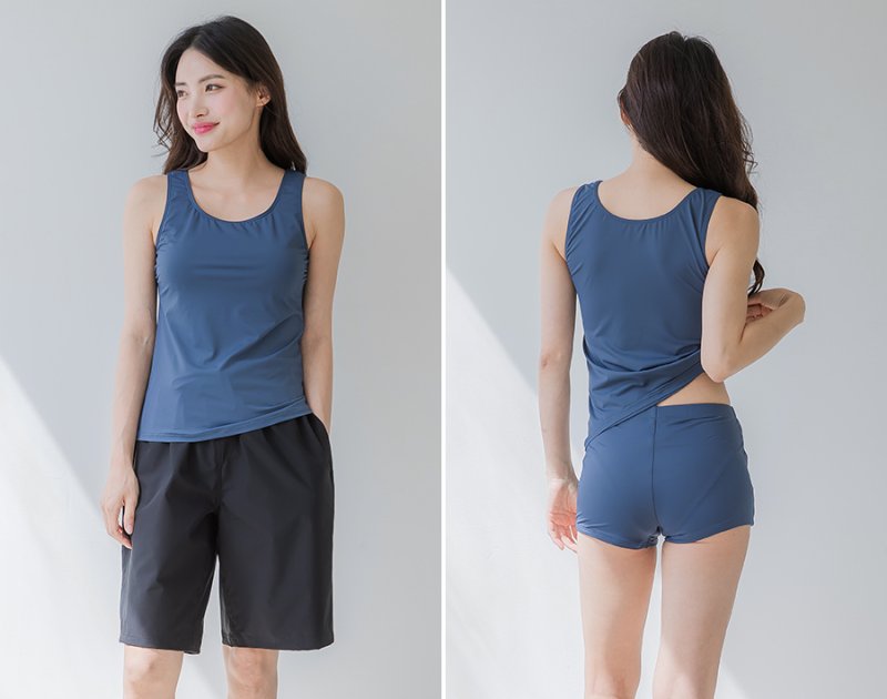 画像29: トップスとショーツとカバーアップロングTと布帛パンツ４点セット水着 タンキニ水着 レディース 体型カバー 長袖シャツ ラッシュガード ハーフパンツ 4点セットビキニ (29)