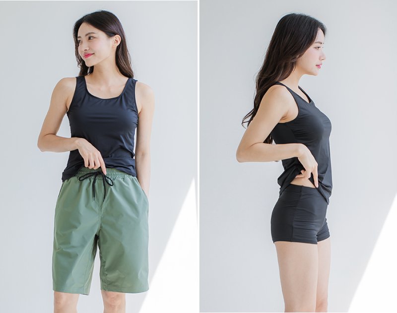 画像11: トップスとショーツとカバーアップロングTと布帛パンツ４点セット水着 タンキニ水着 レディース 体型カバー 長袖シャツ ラッシュガード ハーフパンツ 4点セットビキニ (11)