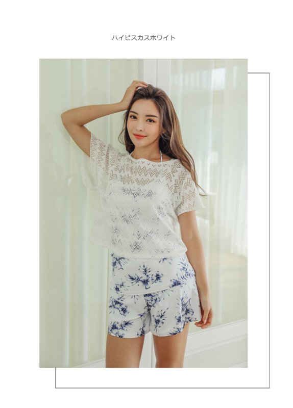 画像14: ショーツ付き外パンツ/ワンピース/トップス/体型カバー水着セット　レースウェア　水着素材ショットパンツ　ママ系水着　二次会水着　水陸両用スイムウェア　カップ付き　日本品質水着 (14)