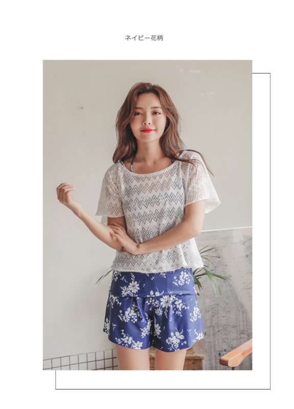 画像13: ショーツ付き外パンツ/ワンピース/トップス/体型カバー水着セット　レースウェア　水着素材ショットパンツ　ママ系水着　二次会水着　水陸両用スイムウェア　カップ付き　日本品質水着 (13)