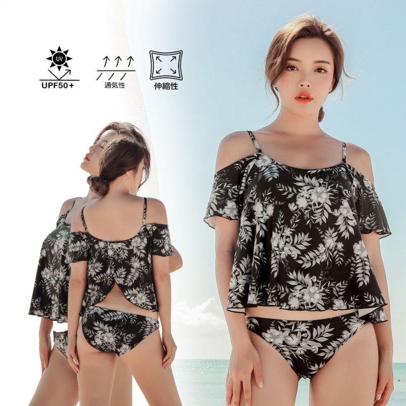 画像12: 3点水着セットオフォショール水着 水着レディース 体型カバー ビキニ セパレート 3点セット 水着 パンツ オフショルダータンキニ 可愛い 花柄 泳衣 温泉 海水浴 (12)