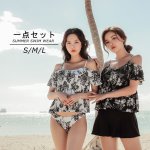 画像3: 3点水着セットオフォショール水着 水着レディース 体型カバー ビキニ セパレート 3点セット 水着 パンツ オフショルダータンキニ 可愛い 花柄 泳衣 温泉 海水浴 (3)