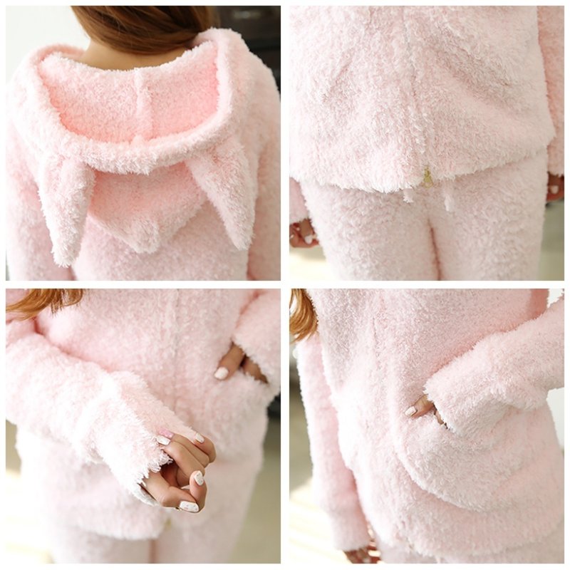 画像5: モコモコウサギ耳キャップ付きパカーロングパンツ上下セット (5)