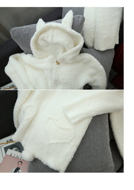 画像4: モコモコウサギ耳キャップ付きパカーロングパンツ上下セット (4)