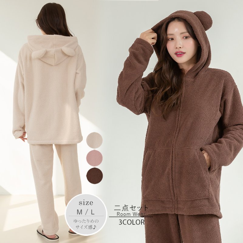 画像1: ZIP 猫耳フード付きスウェットとパンツのセット (1)