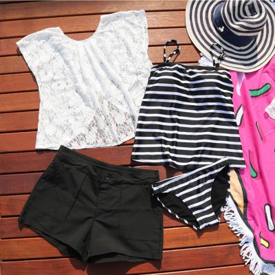 画像3: レース体型カバーアップ4点セット水着 4点セット水着レース　体型カバーアップ水着　ワンピース4点セット レディース 体型カバー オフショルダー タンキニ ビキニ ワンピース タンクトップ ショートパンツ Tシャツ 女性 水着セット