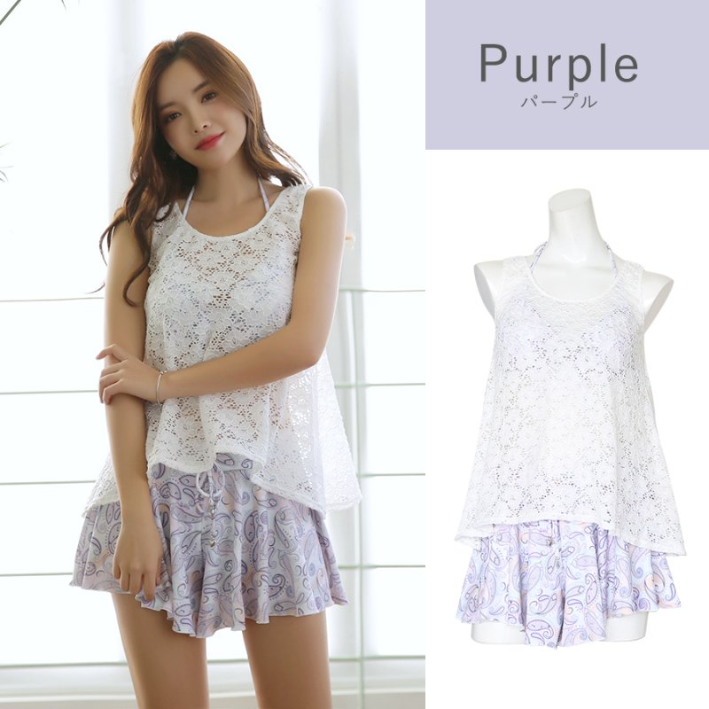 画像4: レースワンピース　スカパン水着4点セット 体型カバー ワイヤービキニ　カバーアップ オーバーTシャツ ショートパンツ ４点セット　トレンドレースワンピース ペズリー柄水着　大人水着　オシャレー水着 (4)