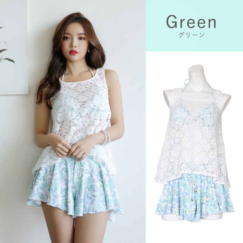 画像2: レースワンピース　スカパン水着4点セット 体型カバー ワイヤービキニ　カバーアップ オーバーTシャツ ショートパンツ ４点セット　トレンドレースワンピース ペズリー柄水着　大人水着　オシャレー水着 (2)