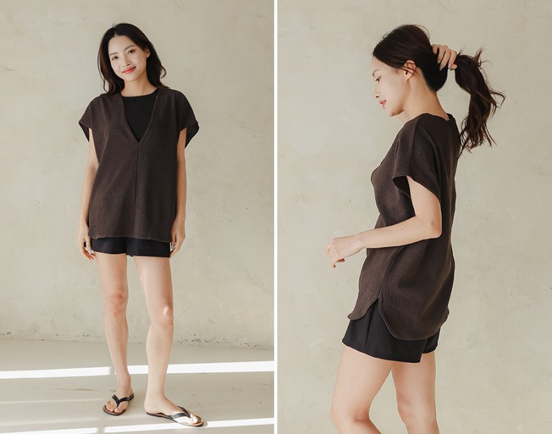 画像16: インナー付きショットパンツとハイネックトップスとパーカー オシャレー水着　レデイース体型カバー　カバーアップ水着　ファション水着　アパレル水着　水着ファッション　ママ系水着　スイムウェア (16)