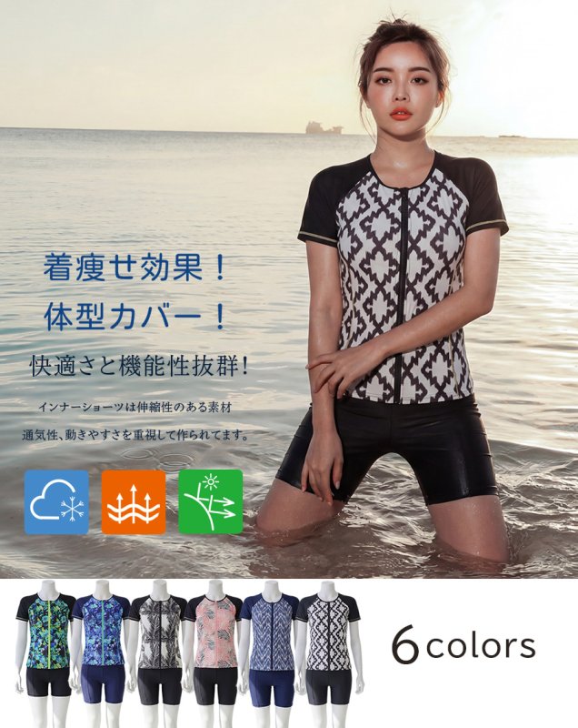 画像4: サウナ水着　めぐれ防止ボタン着き　キャップセット　プリント柄もの　フィットネス水着セット　レディース フィットネス水着 セパレート キャップ セット めくれ防止  (4)