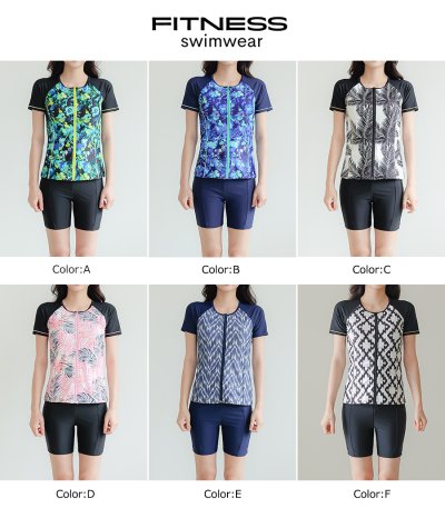 画像1: サウナ水着　めぐれ防止ボタン着き　キャップセット　プリント柄もの　フィットネス水着セット　レディース フィットネス水着 セパレート キャップ セット めくれ防止 